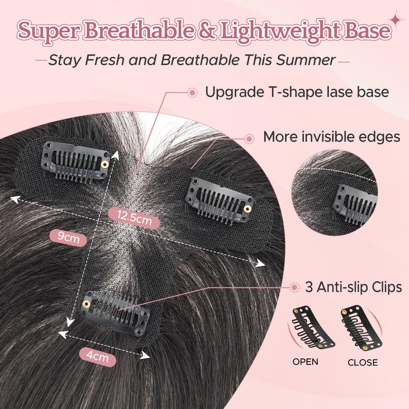 سيجو وصلات شعر سيجو للنساء، شعر بشري طبيعي مع غرة جانبية، 9 × 12.5 سم، قاعدة مربوطة يدويًا، حواف غير مرئية، مشابك شعر علوية ناعمة تسمح بمرور الهواء، تضيف كثافة للشعر، لون بني أسود (1B) - Image 3